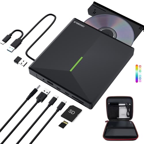 ORIGBELIE External CD DVD Drive, 4 USB & 2 TF/SD Card Ports & Carrying Case | USB C 3.0 Optical Disk Drive, Portable CD/DVD Player Burner Reader Writer for Laptop MacBook Desktop PC Windows Linux Mac OS - size: 5.9" x 5.65" x 0.75"