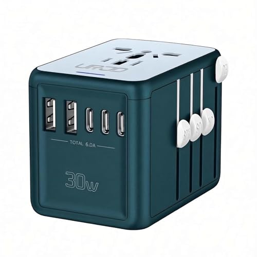 Universal Travel Adapter with 5 USB C/A Ports 30W Fast Charging, 2500W AC Outlet, International Power Adapter for Europe UK Japan, Travel Charger for Phone Laptop, 200+ Countries 10A Safety Fuse - color: 3 USB Type C + 2 USB Type A - Turquoise Green