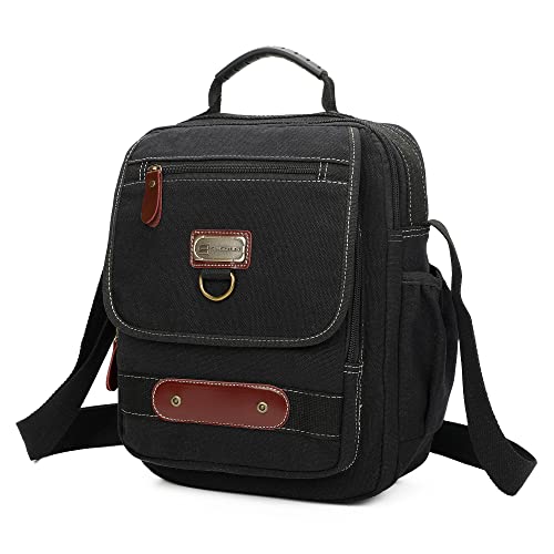 Man Small Canvas Messenger Bag Man Purse Shoulder Bag Crossbody Bag With Water Bottle Pocket 12 Inch - color: Black