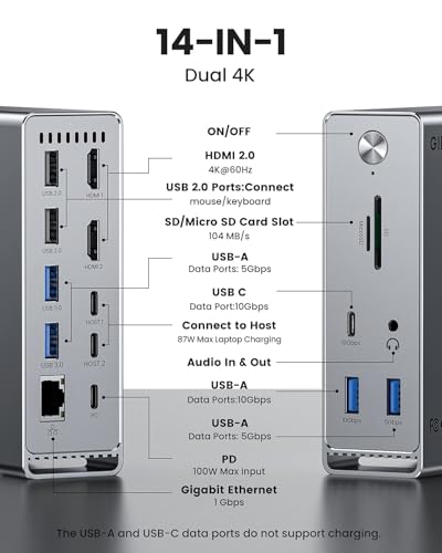 MacBook Pro Docking Station, 14-in-2 Dual USB C Docking Station Dual Monitor for MacBook Pro (Not M1) with Dual 4K HDMI 60Hz, 10Gbps USB A/C,3 USB 3.0,2USB 2.0 RJ45, Audio, SD/TF Slots, 100W PD