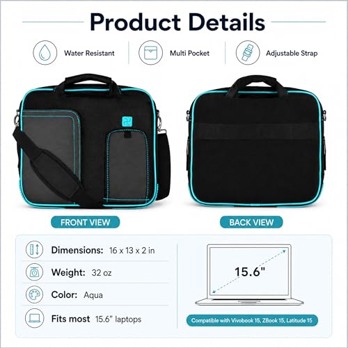 15.6 Inch Laptop Briefcase Shoulder Bag, Water Resistant Nylon Messenger Bag, Padded Compartment, Trolley Strap - color: Aqua