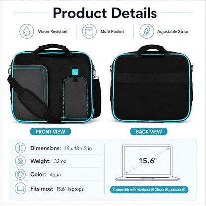 15.6 Inch Laptop Briefcase Shoulder Bag, Water Resistant Nylon Messenger Bag, Padded Compartment, Trolley Strap - color: Aqua