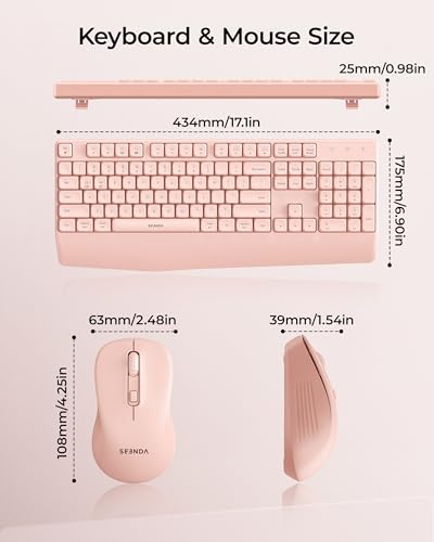 seenda Wireless Bluetooth Ergonomic Keyboard Mouse Combo, Full Size, Pink | USB/Bluetooth multi-device switching, with wrist rest, number pad, and quiet operation for PC, laptop, Mac, MacBook, and iPad - color: Pink