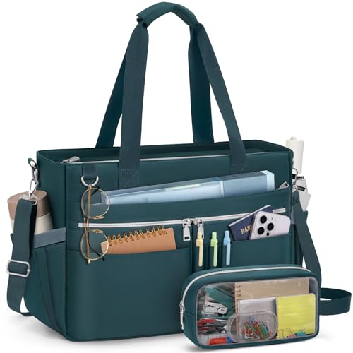 RAINSMORE Teacher Tote Bag for Women 15.6 Inch Laptop Briefcase with Clutch Bag, Nurse Bags Professional Work Handbag for Office College Nursing, Large Utility Tote Messenger Shoulder Bag, Dark Green - color: Dark Green