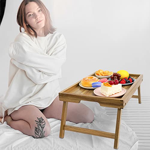 VaeFae Acacia Bed Table Tray, Wooden Breakfast Tray with Folding Legs, Bed Tray for Eating and Laptop, Eating Trays for Bedroom (Large Size) - size: Large