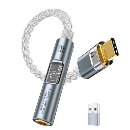 USB C to 3.5mm Adapter with Dual Chip CX31993 MAX97220 DAC Amplifier | Hi-Res DAC Adapter with 8-Strand 4N Single Crystal Copper Silver-Plated Cable, USB C to aux for Android iPhone PC Mac(Grey) - color: Grey