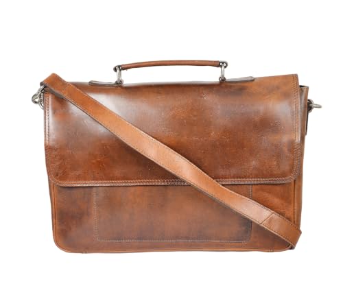Full Grain Leather Briefcase for Men, Handcrafted Laptop Bag with Multiple Compartments,Fits 15.6 Inch Laptop - color: Light Brown