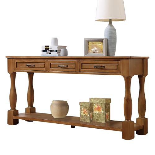 60" Solid Wood Console Table for Entryway,Sofa Table with Drawers | 60" Farmhouse Entryway Table with Storage Drawers & Shelf,Solid Wood Long Sofa Table for Hallway,Entry,Easy Assembled,Brown - color: Brown