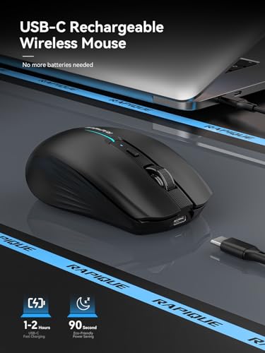 RAPIQUE Bluetooth Wireless Mouse - (BT1/BT2+USB) Tri-Mode High Performance, Rechargeable, Quiet Click, Multi-Device Compatibility for Laptop, Computer, MacBook, Tablet, PC (Black) | 3-Device Switching, USB-C Rechargeable, Quiet Clicks, 800/1200/1600 DPI,