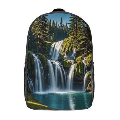 17-Inch Laptop Backpack Water-Resistant Green Pine Waterfall Daypack with Shoulder Strap Lightweight Casual Rucksack for Travel Commuter Hiking Outdoor Activities 20l Black
