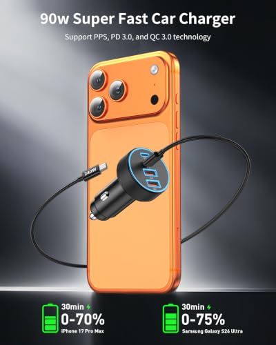 90W 4-Port USB C Super Fast Car Charger for iPhone 17 17e Air 16 15 Pro Max | Samsung S26 S25 S24 S23, Android, Type C Car Phone Charger Fast Charging Cigarette Lighter Adapter with 240W 3FT USB-C Cable