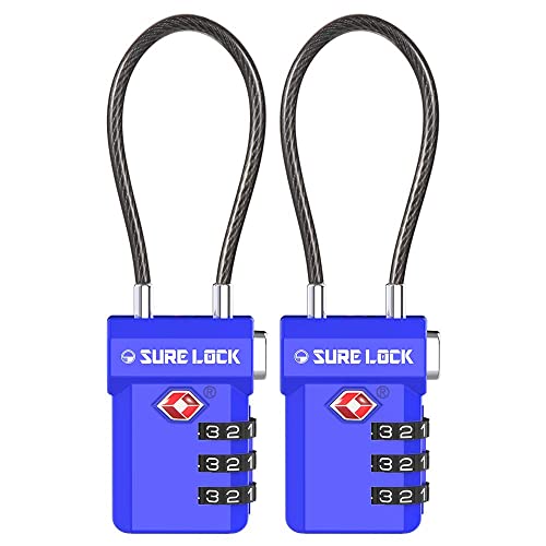SURE LOCK TSA Approved Luggage Locks with Open Alert Indicator, 3 Digit Combination Cable Travel Lock for Suitcase, Backpack, Gym Locker, Toolbox, Carry On & Travel Bag - color: SKY BLUE 2 PACK