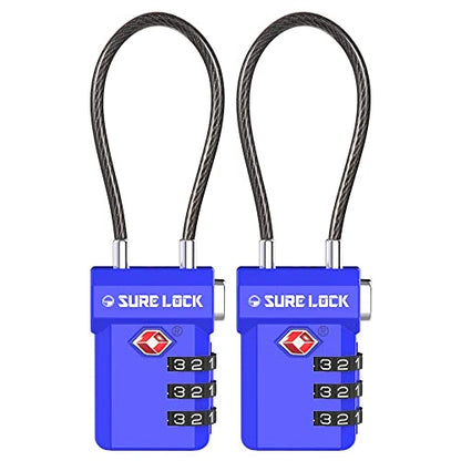 SURE LOCK TSA Approved Luggage Locks with Open Alert Indicator, 3 Digit Combination Cable Travel Lock for Suitcase, Backpack, Gym Locker, Toolbox, Carry On & Travel Bag - color: SKY BLUE 2 PACK