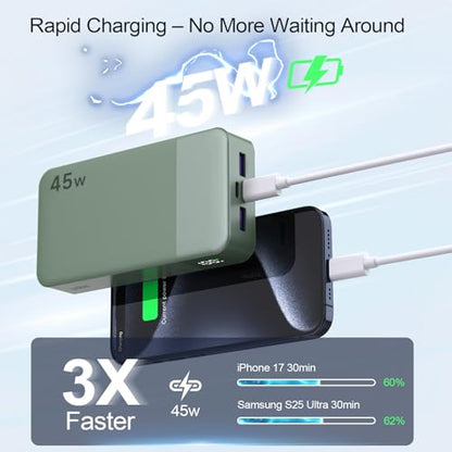 NOBIS Portable Charger,20000mAh Power Bank, 45W Fast Charging，Battery Pack with 2 USB-C (in/Out) & 2 USB-A, Digital Display & Small Current Mode, Compatible with Phone 17 S25 Tablet - color: Green