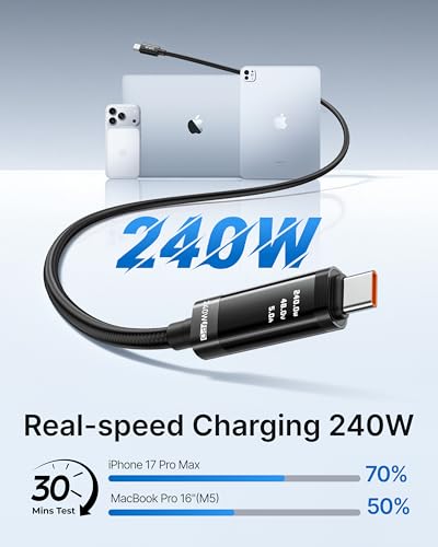 VRURC Ultra 240W Fast Charging USB C Cable with LED Digital Display, 3.3ft | Smart Display,Battery Protection,Nylon Braided,Compatible with MacBook,iPad Pro,Laptops,iPhone 17/16/15,Galaxy S25/S26,More - color: Black