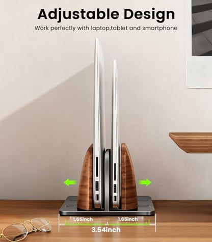 LOXP Vertical Laptop Stand, Dual Slot Wooden + Aluminum Laptop Holder | Desktop Adjustable MacBook Stand, Adjustable Base, for MacBook Pro/Air, (up to 17.3-inch All laptops) - color: Classic Black