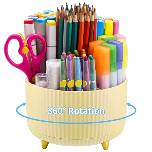 Marbrasse Desk Organizer, 360-Degree Rotating Pen Holder, Desk Organizers and Accessories with 5 Compartments Pencil Holder, Art Supply Storage Box Caddy for Office, Home (Yellow) - color: Yellow