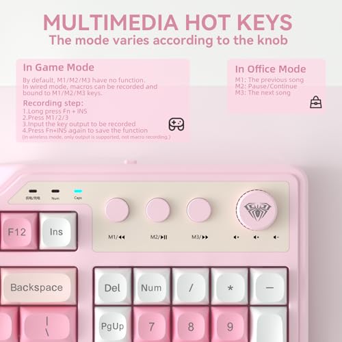 Aula F3099 Wireless Keyboard with Media Knob, Tri-Mode BT5.0/2.4GHz/USB-C Cute Creamy Keyboard with Number Pad, RGB Backlit Gaming Keyboard, Quiet Typing Pink Computer Keyboards for Office Laptop/PC - color: White & Pink