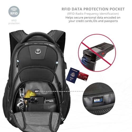 Swissdigital Design TSA Business Laptop Backpack for Men, Large Capacity Travel Backpack with Apple Find My Network and USB Charging Port Tech Backpacks Fits 17 Inch Computer Black| SD1643FB-01 - color: Black 17inch