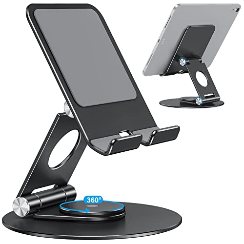 OMOTON Swivel Tablet Stand for iPad with 360 Rotating Base, Foldable Adjustable Holder for Drawing, Compatible with iPad Pro/Air/Mini and More, Black Gray | Aluminum Foldable Mount with Rotating Base, Desk Kitchen Drawing Travel, Fits iPad Pro/Air Samsung