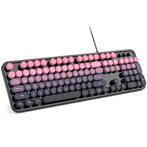 MOWUX Computer Keyboard Wired, Plug and Play USB Retro Round Typewriter Keyboard, Full Size Wired Keyboard with Foldable Stands for Laptop and Office PC- Sea Blue Gradient - color: Plum Pink Gradient