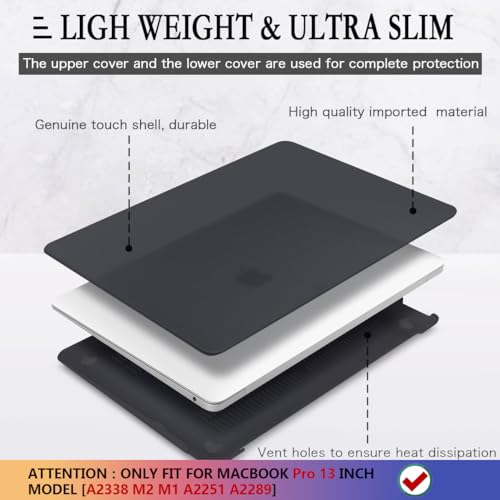 CISSOOK Matte Black Hard Shell Case Compatible with MacBook Pro 13 Inch Case 2025-2016 Release Model A2338 A2251 A2289 with Touch bar, MacBook Pro 13 M1 M2 with Keyboard Cover | 4in1 Set Hard Shell Case with Keyboard Cover for 2020-2025 MacBook Pro 13 M2&