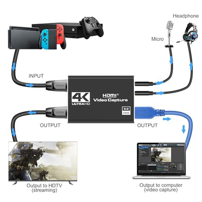 4K HDMI Capture Card USB 3.0 – 1080P 60FPS Gaming & Streaming Video Capture Card with HDMI Loop-Out, Plug & Play, Low-Latency Recording for PS5/PS4/Xbox/Switch/OBS/PC/Mac