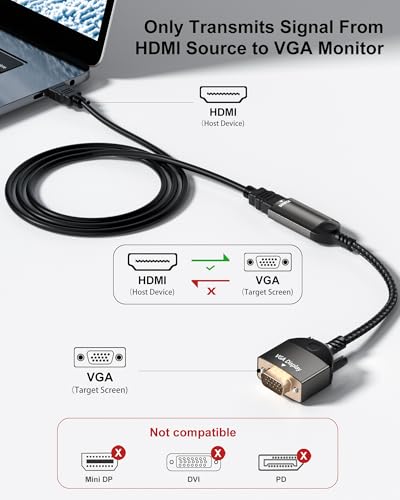 VGA to HDMI, Uni-Directional HDMI to VGA Adapter (Female to Male), VGA (Display) to HDMI (Source) Converter 1080P@60Hz Compatible with Computer, Desktop, Laptop, PC, Monitor, Projector