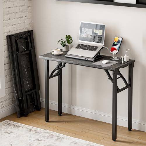 Frylr Small Folding Computer Desk – 35.8 Inch Portable Table for Craft and Study, Lightweight Desk for Small Spaces, Foldable Laptop Table Built-in AC/USB Outlets for Convenience, Marble Greige - color: Marble Greige, size: 35.8 X 15.7 Inch, style: With P