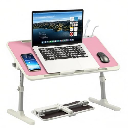 Adjustable Laptop Desk for Bed & Sofa, Height and Angle Adjustable Lap Desk with USB Cooling Fan & LED Light, Foldable Portable Laptop Table Stand for Home, Floor, Adults & Kids, Pink - color: Pink