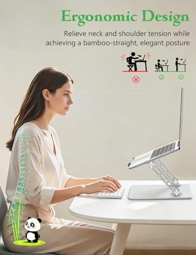 Stable Laptop Stand for Desk Fit for 10"-16.3" Laptops, Silver | Foldable Aluminum Riser Creates an Ergonomic Workspace with Cute Panda Cooling Vent, Fits MacBook Air/Pro, Dell and Lenovo - color: Silver