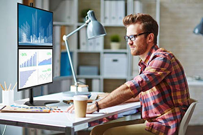 Mount-It! Vertical Dual Monitor Stand, Freestanding Stacked Monitor Mount for 2 Screens 17–32", Height Adjustable, Tilt Swivel Rotate, Portrait or Landscape, Holds 17.6 lbs per Arm, No Desk Clamp Needed