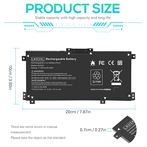 LK03XL Battery for HP Envy X360 Convertible 17m-ae0xx 17-bw 17m-ae111dx 15m-bp1xx 15m-cn0xxx 15-cn0xxx 15m-cp0xxx 15m-cn0012dx 15m-cn0011dx 15m-bq021dx 15m-bp112dx 916368-421 l09281-855 916814-855 - size: LK03XL 8.94*4.96*0.71 in