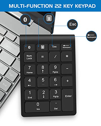 Bluetooth Wireless Numeric Keypad, Portable 22-Key Number Pad, for Laptop, PC, Des ktop, Surface Pro, Notebook, Black