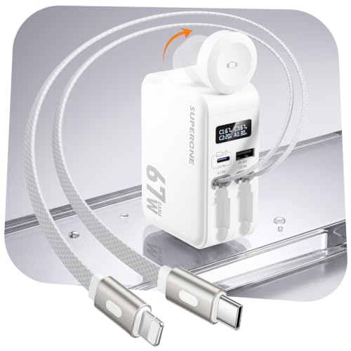 SUPERONE 67W Retractable Wall Charger with USB-C and Apple Cables 5-in-1 | Retractable Charger with Dual USB Ports, Laptop GAN Fast Charging Block & Built Watch Charger for MacBook Pro, iPhone, Galaxy - color: White