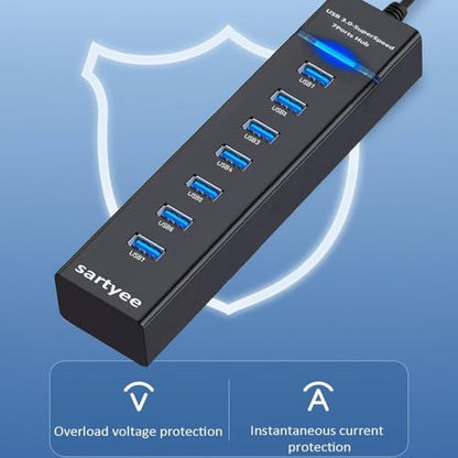USB 3.0 SuperSpeed 7-Port Hub, High-Speed Data Transfer and Sync for Multiple Devices, Compatible with Laptop, PC, MacBook, iMac, Surface Pro, Windows/Mac/Linux, Bus-Powered, Plug and Play