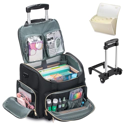 KSIBNW Rolling Laptop Bag for Women, Wheeled Teacher Tote Bag with Accordion Folder Waterproof Briefcases with 17 Inch Laptop Compartment and Detachable Dolly for Office, Work, Craft, Black - color: Black
