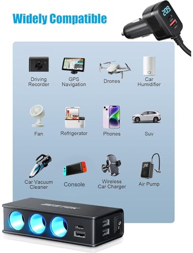 BESTEK 9 in 1 Cigarette Lighter Splitter 148W 3-Socket Car Cigarette Lighter PD30W and 4 USB-A QC3.0 18W with LED Display 12V/24V Cigarette Lighter Adapter for Dash Cam, GPS, iPad/Laptop/Phone - color: Black-1