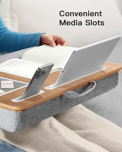 HUANUO Lap Desk - Fits up to 17 inches Laptop Desk, Built in Mouse Pad & Wrist Pad for Notebook, Laptop, Tablet, Lap Stand with Tablet, Pen & Phone Holder, Wood Grain - color: Light Brown Woodgrain