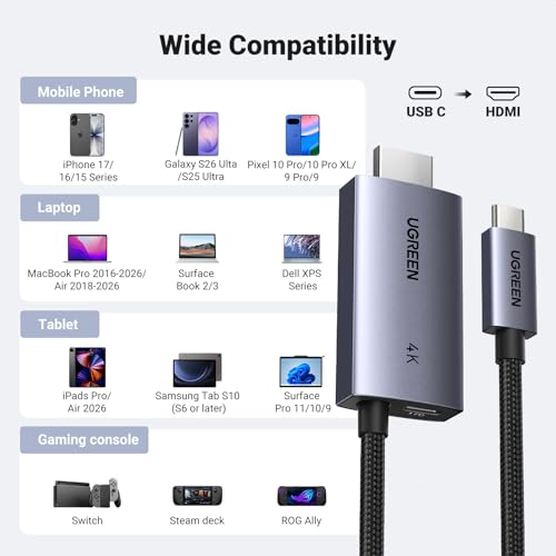 UGREEN Unidirectional USB C to HDMI Cable with 100W PD Fast Charging 6.6FT | 4K@60Hz HDR10 Plug & Play Compatible iPhone 17 Pro Max SteamDeck MacBook iPad Galaxy S26 XPS for Gaming TV Monitor