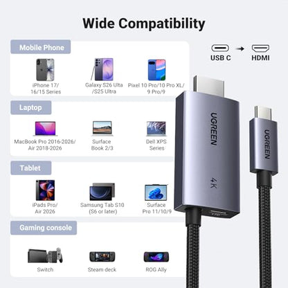 UGREEN Unidirectional USB C to HDMI Cable with 100W PD Fast Charging 6.6FT | 4K@60Hz HDR10 Plug & Play Compatible iPhone 17 Pro Max SteamDeck MacBook iPad Galaxy S26 XPS for Gaming TV Monitor