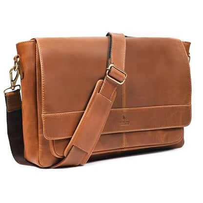 Genuine Leather Messenger Bag-16'' Satchel Shoulder Bag for Men & Women, Crossbody Work Bag for Travel, Office, and Daily Use - color: Tan