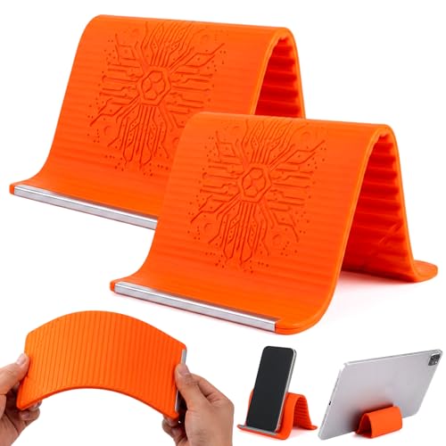2 Pack Flexible Silicone Phone Stand, Foldable Adjustable Phone Holder, Portable Non-Slip Bendable Desktop Stand for Desk, Travel, Office, Tablets, Laptops and Treadmills(Orange) - color: Orange