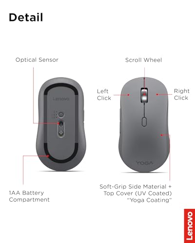 Lenovo Yoga Bluetooth Silent Mouse, 3 Level DPI Adjustment, 36 Month Battery Life, Bluetooth 5.3, 3 Device Paring, Whisper Quiet, Programmable Buttons, Smooth Finish, Luna Grey - color: Luna Grey