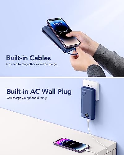 VRURC Portable Charger 20000mAh, Fast Charging Power Bank USB C,4 Output 2 Input Travel Essentials Charging Bank Equipped with LED Display,Built-in Wall Plug and Cables,Phone Charger Battery,Navy - color: Navy