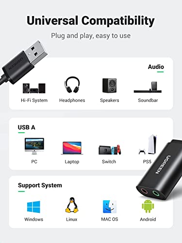 UGREEN USB Audio Adapter External Sound Card Bundle with 4-Pole 3.5mm Audio Cable 3FT