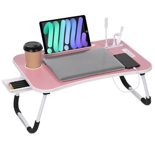 23.6 inch Portable Bed Desk, Folding Lap Desk with 4 USB Ports, Wind Fan, LED Light, Cup Holder and Side Drawer for Working, Reading, Writing, Eating on Bed, Sofa, Floor (Pink) - color: Pink