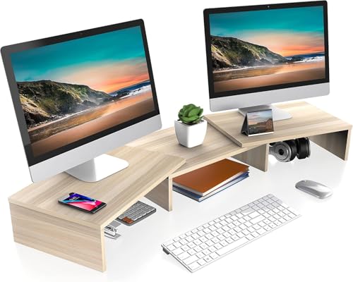 FITUEYES Dual Monitor Stand Riser, Adjustable Length and Angle, Oak | Wooden 3-Shelf Design, Supports up to 55lbs, Flexible for Standard Corner Space, Holds Monitor, Laptop, Phone, Printer - color: Oak