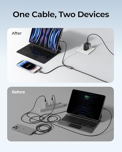 100W Fast Charging Cable 2-in-1 with USB-C & Lighting | Detachable Tip USB-C&A for iPhone 17/16/15/14, iPad, iPod, MacBook Pro/Air, Galaxy, Power 2 Devices at Once (3.94ft)