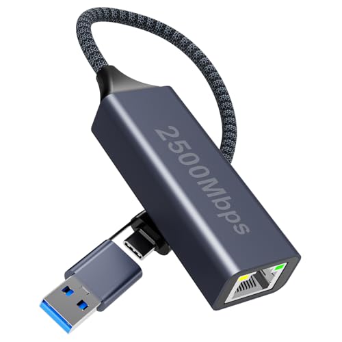 USB C to Ethernet Adapter 2.5Gbps, 2-in-1 USB 3.0 & USB-C to RJ45 Network Adapter, 2500Mbps Gigabit LAN Converter with Aluminum Shell, Plug and Play for NAS, MacBook Air/Pro, XPS, iPhone 17 Pro/Max